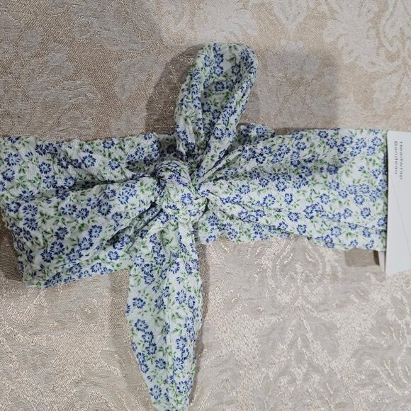 BLUE TINY FLORAL CALICO CLOTH BOW HEADBAND HEADWRAP - Picture 2 of 4